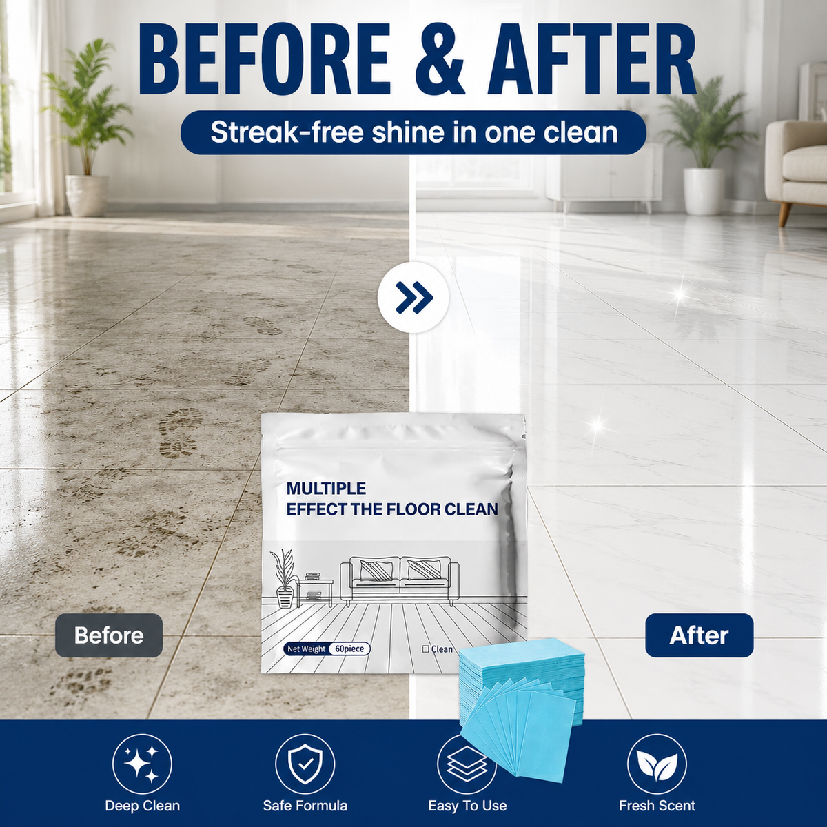 Multi-Effect Floor Cleaning Tablets, Fast Dissolving, No-Rinse Formula for Hardwood, Tile & All Floor Types